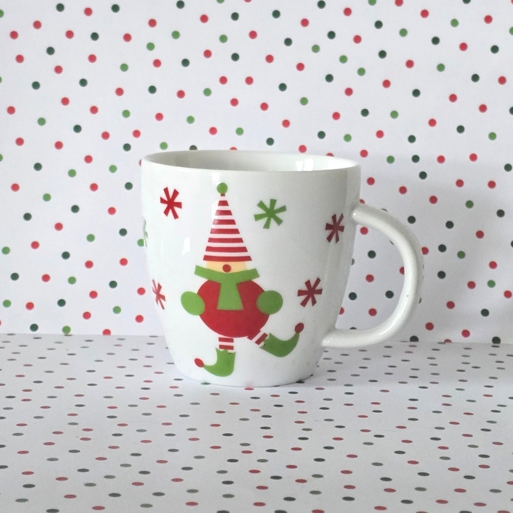 Crate & Barrel Jingle Elf Porcelain Espresso Coffee Mug Snowflake White 7 oz.